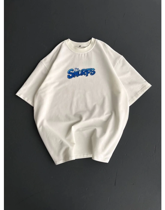 Ön ve Arka Baskılı Oversize Bisiklet Yaka T-shirt- Beyaz -