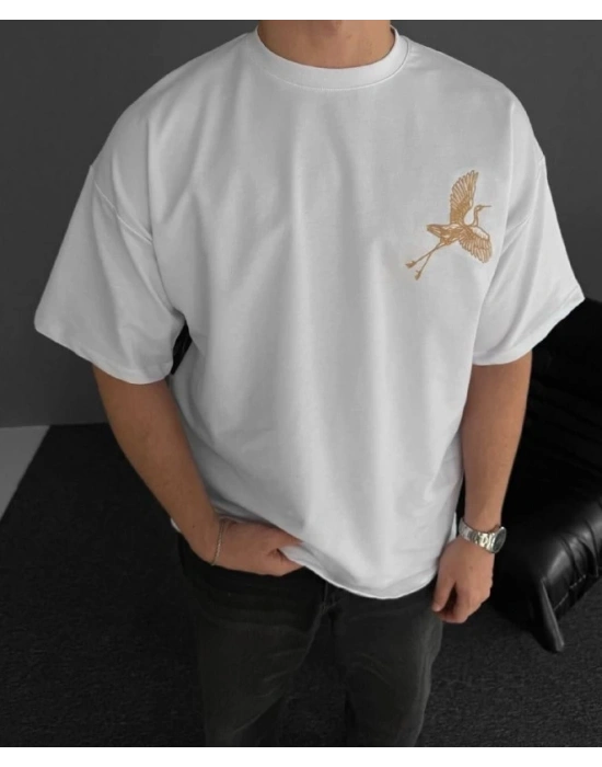 Ön ve Arka Baskılı Oversize Bisiklet Yaka T-shirt - Beyaz -