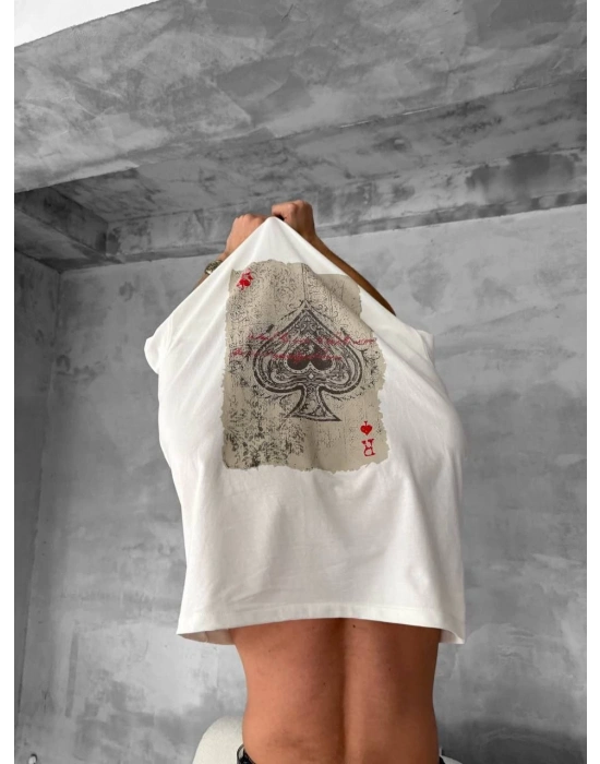 Ön ve Arka Baskılı Oversize Bisiklet Yaka T-shirt - Beyaz -