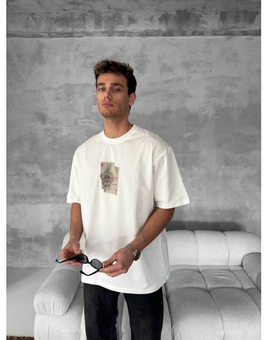 Ön ve Arka Baskılı Oversize Bisiklet Yaka T-shirt - Beyaz -