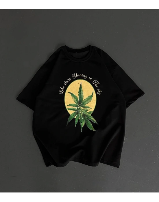 Ön ve Arka Baskılı Oversize Bisiklet Yaka T-shirt- Siyah -