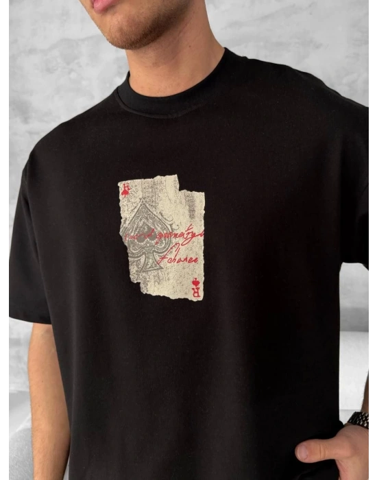 Ön ve Arka Baskılı Oversize Bisiklet Yaka T-shirt - Siyah -