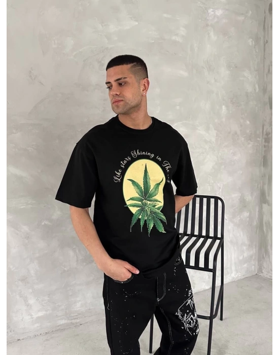 Ön ve Arka Baskılı Oversize Bisiklet Yaka T-shirt- Siyah -