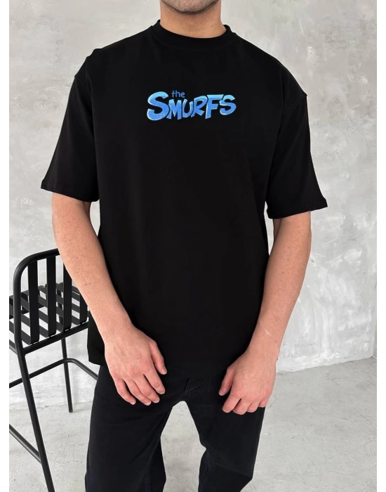 Ön ve Arka Baskılı Oversize Bisiklet Yaka T-shirt- Siyah -