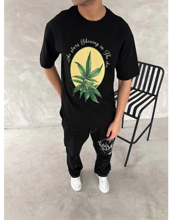 Ön ve Arka Baskılı Oversize Bisiklet Yaka T-shirt- Siyah -