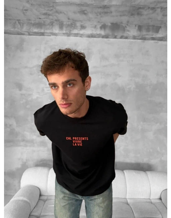 Ön ve Arka Baskılı Oversize Bisiklet Yaka T-shirt- Siyah -