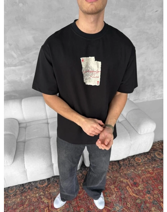 Ön ve Arka Baskılı Oversize Bisiklet Yaka T-shirt - Siyah -