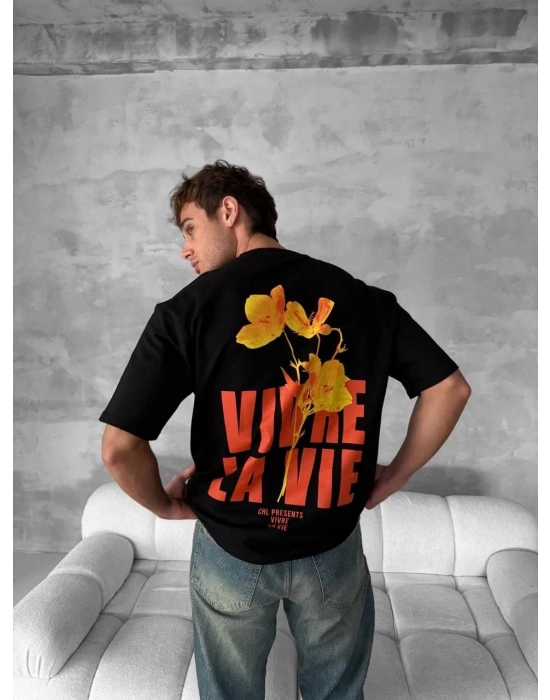 Ön ve Arka Baskılı Oversize Bisiklet Yaka T-shirt- Siyah -