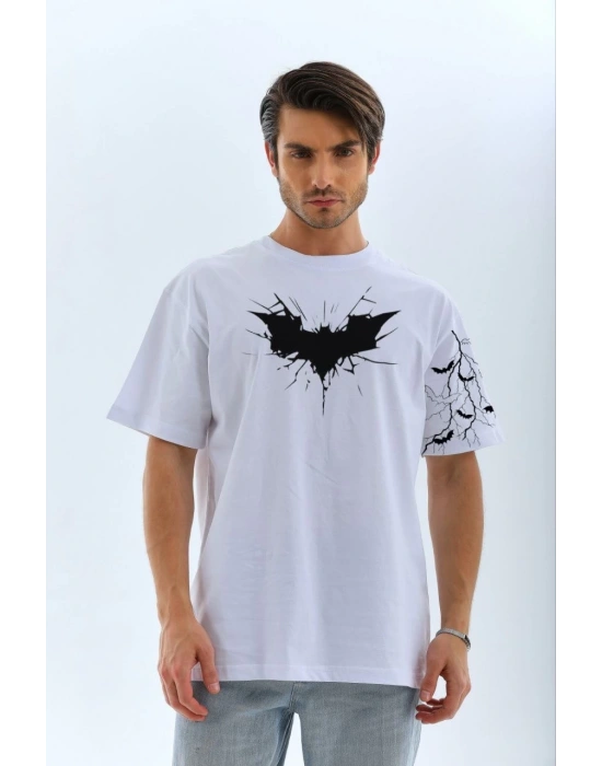 Ön ve Kol Baskılı Oversize T-shirt - Beyaz -