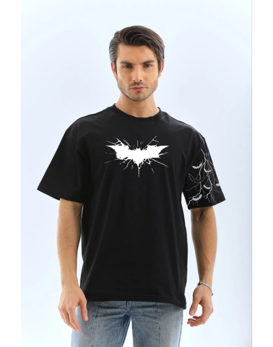 Ön ve Kol Baskılı Oversize T-shirt - Siyah -