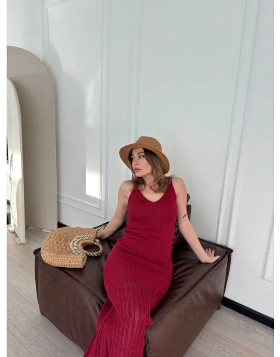 Örgülü Uzun Triko Elbise - Bordo -