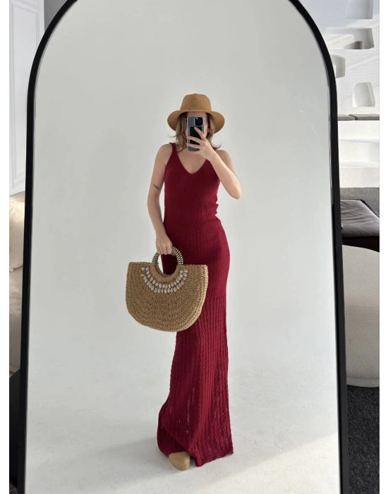 Örgülü Uzun Triko Elbise - Bordo -
