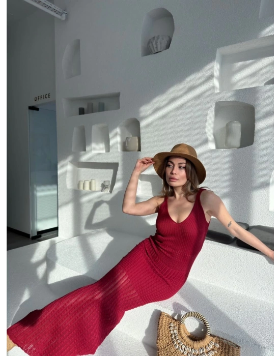Örgülü Uzun Triko Elbise - Bordo -