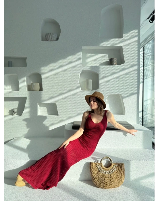 Örgülü Uzun Triko Elbise - Bordo -