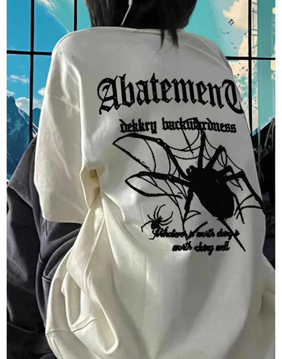 Örümcek Ağı Desenli Baskılı Oversize Bisiklet Yaka T-shirt  - Beyaz -