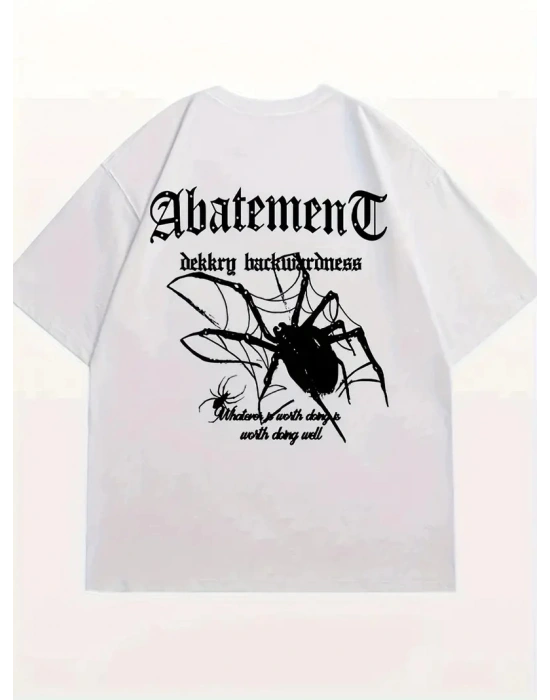 Örümcek Ağı Desenli Baskılı Oversize Bisiklet Yaka T-shirt  - Beyaz -