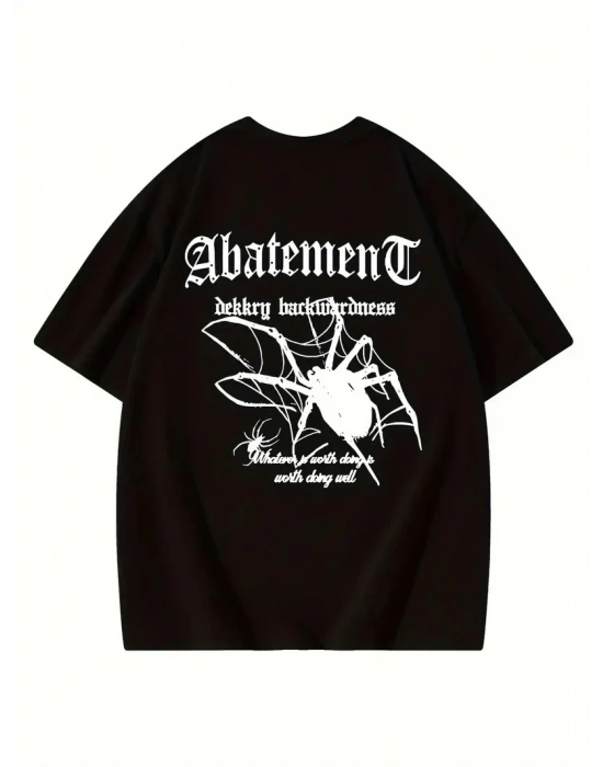 Örümcek Ağı Desenli Baskılı Oversize Bisiklet Yaka T-shirt - Siyah -