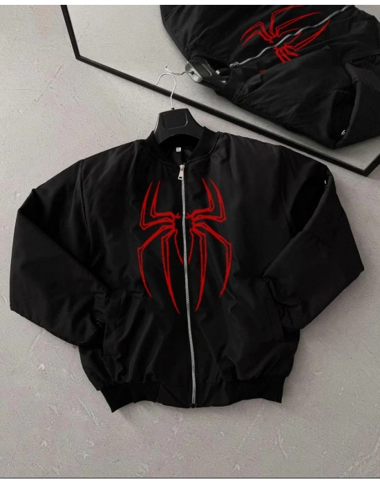 Örümcek Desenli Siyah Bomber Mont –    -