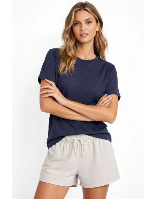 Osy Modal Kadın Bisiklet Yaka T-shirt - İndigo