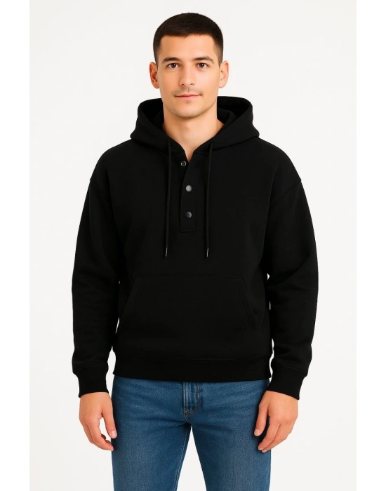 Ovarsize Kapüşonlu  sweatshirt Kanguru Çepli Cıtcıtlı 3 iplik Şardonlu Hoodie - Siyah -