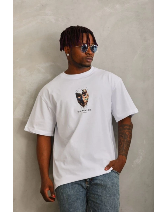Oversize Baskılı Bisiklet Yaka T-Shirt - Beyaz -