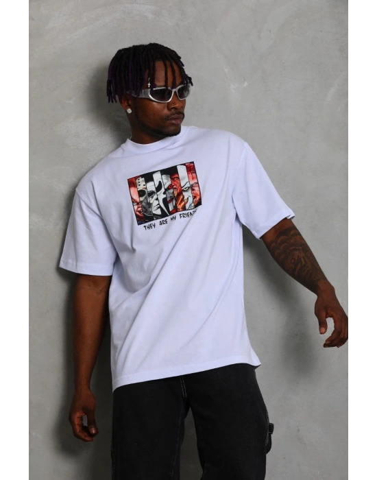 Oversize Baskılı Bisiklet Yaka T-Shirt - Beyaz -