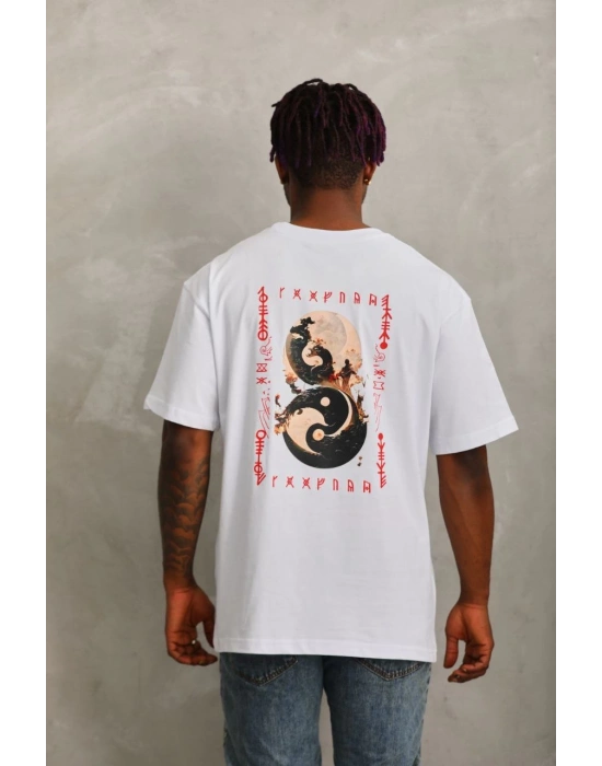 Oversize Baskılı Bisiklet Yaka T-Shirt - Beyaz -