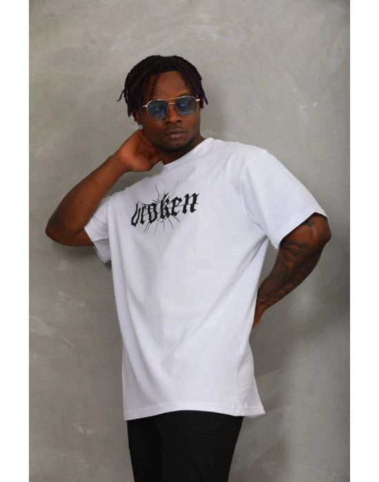 Oversize Baskılı Bisiklet Yaka T-Shirt - Beyaz -