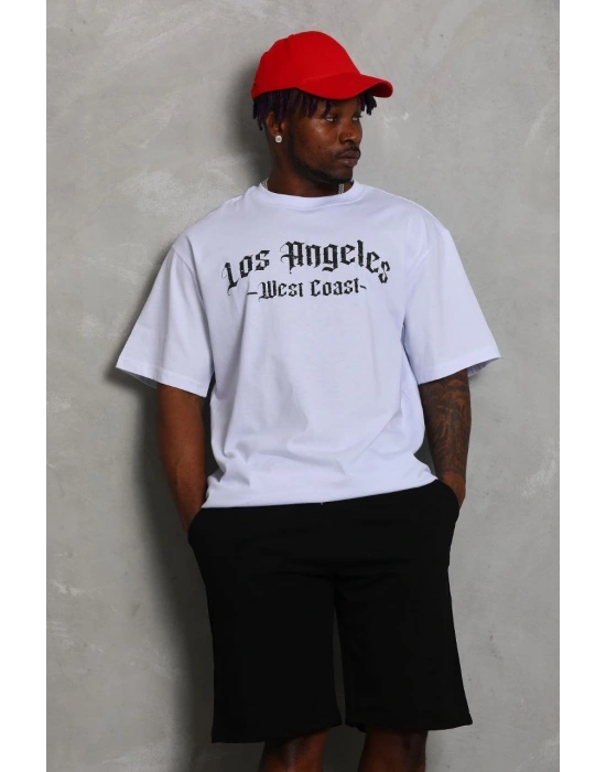 Oversize Baskılı Bisiklet Yaka T-Shirt - Beyaz -