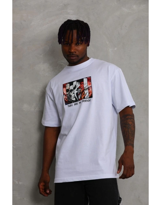 Oversize Baskılı Bisiklet Yaka T-Shirt - Beyaz -