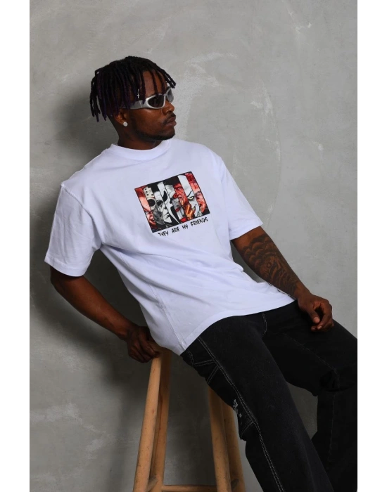 Oversize Baskılı Bisiklet Yaka T-Shirt - Beyaz -