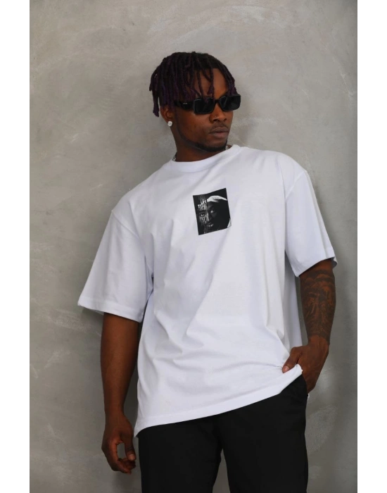 Oversize Baskılı Bisiklet Yaka T-Shirt - Beyaz -