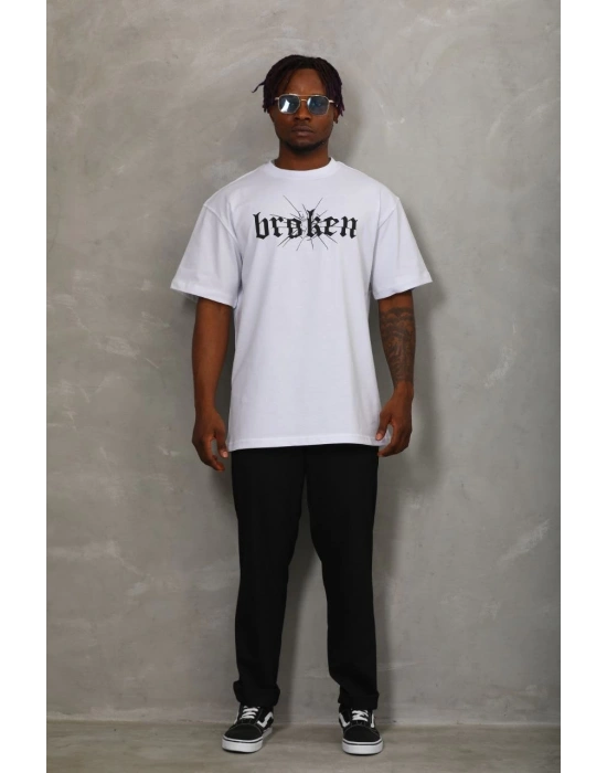 Oversize Baskılı Bisiklet Yaka T-Shirt - Beyaz -