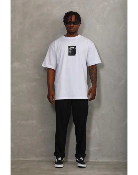 Oversize Baskılı Bisiklet Yaka T-Shirt - Beyaz -