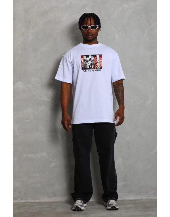 Oversize Baskılı Bisiklet Yaka T-Shirt - Beyaz -