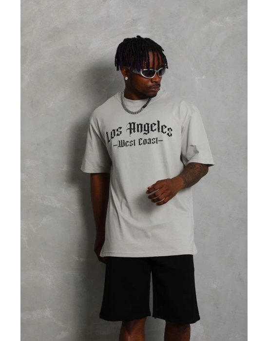 Oversize Baskılı Bisiklet Yaka T-Shirt - Gri -