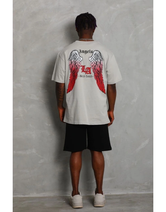 Oversize Baskılı Bisiklet Yaka T-Shirt - Gri -