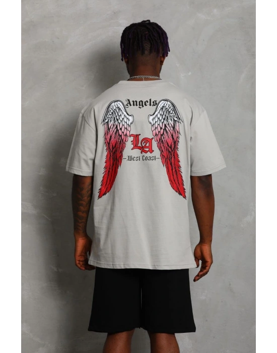 Oversize Baskılı Bisiklet Yaka T-Shirt - Gri -