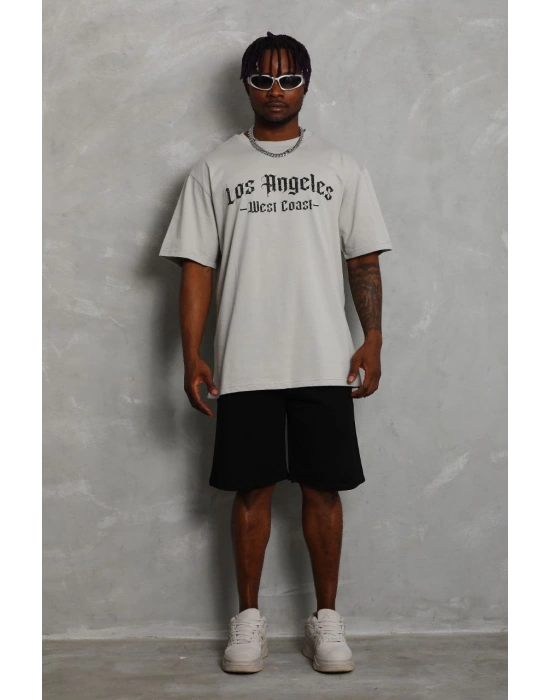 Oversize Baskılı Bisiklet Yaka T-Shirt - Gri -