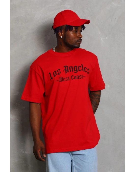 Oversize Baskılı Bisiklet Yaka T-Shirt - Kırmızı -