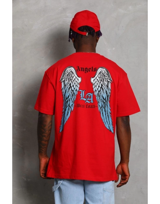 Oversize Baskılı Bisiklet Yaka T-Shirt - Kırmızı -