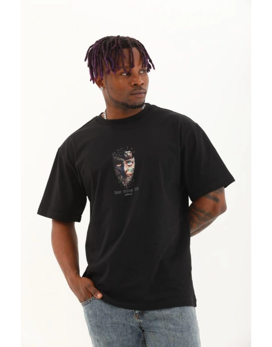 Oversize Baskılı Bisiklet Yaka T-Shirt - Siyah -