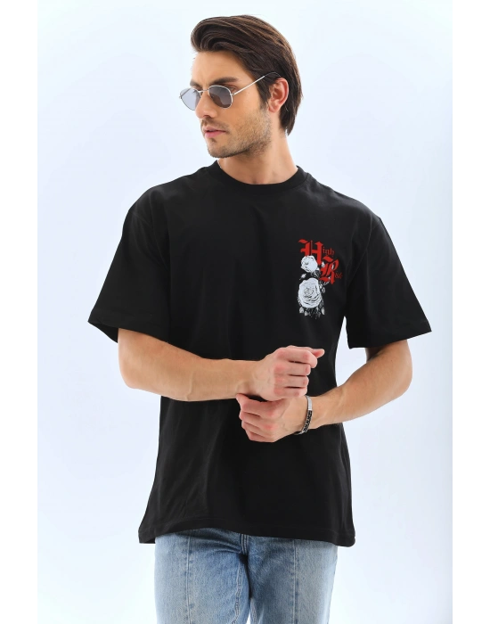 Oversize Baskılı Bisiklet Yaka T-Shirt - Siyah -