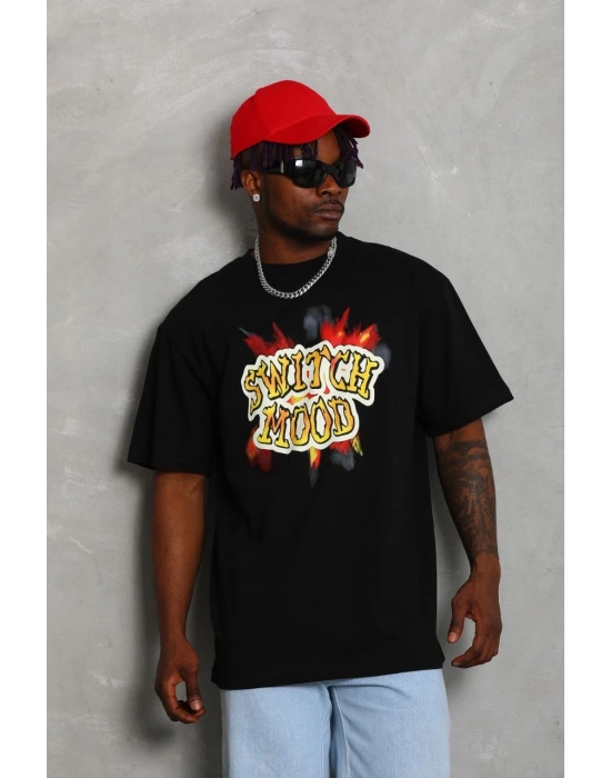 Oversize Baskılı Bisiklet Yaka T-Shirt - Siyah -