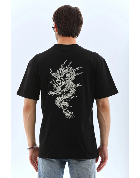 Oversize Baskılı Bisiklet Yaka T-Shirt - Siyah -