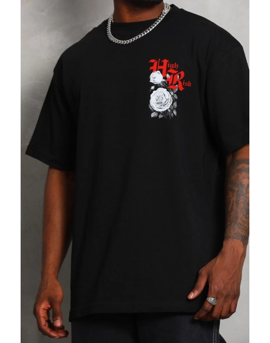 Oversize Baskılı Bisiklet Yaka T-Shirt - Siyah -