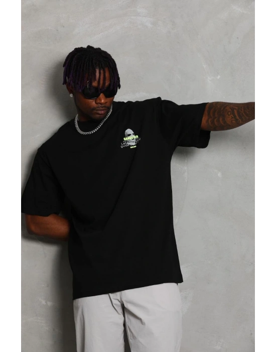 Oversize Baskılı Bisiklet Yaka T-Shirt - Siyah -