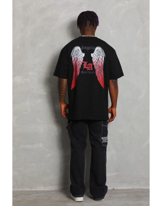 Oversize Baskılı Bisiklet Yaka T-Shirt - Siyah -