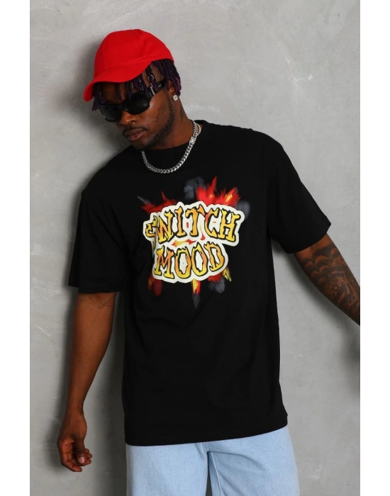 Oversize Baskılı Bisiklet Yaka T-Shirt - Siyah -