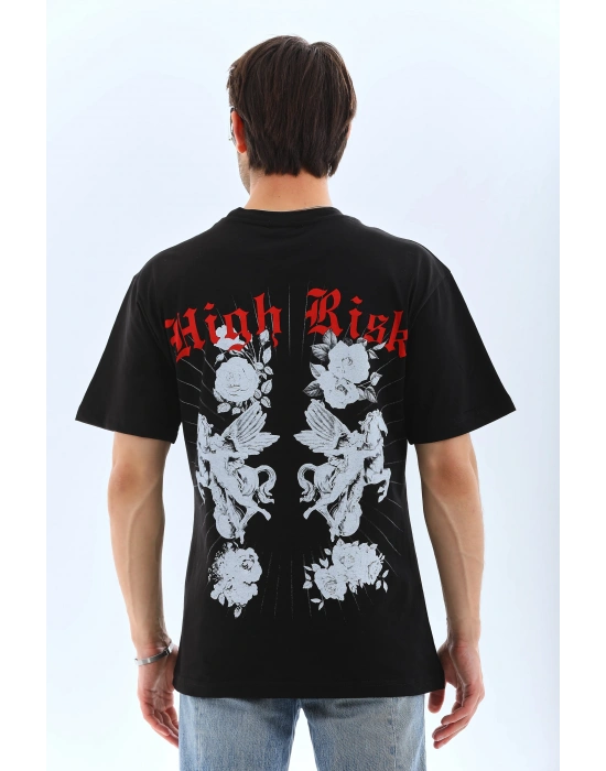 Oversize Baskılı Bisiklet Yaka T-Shirt - Siyah -